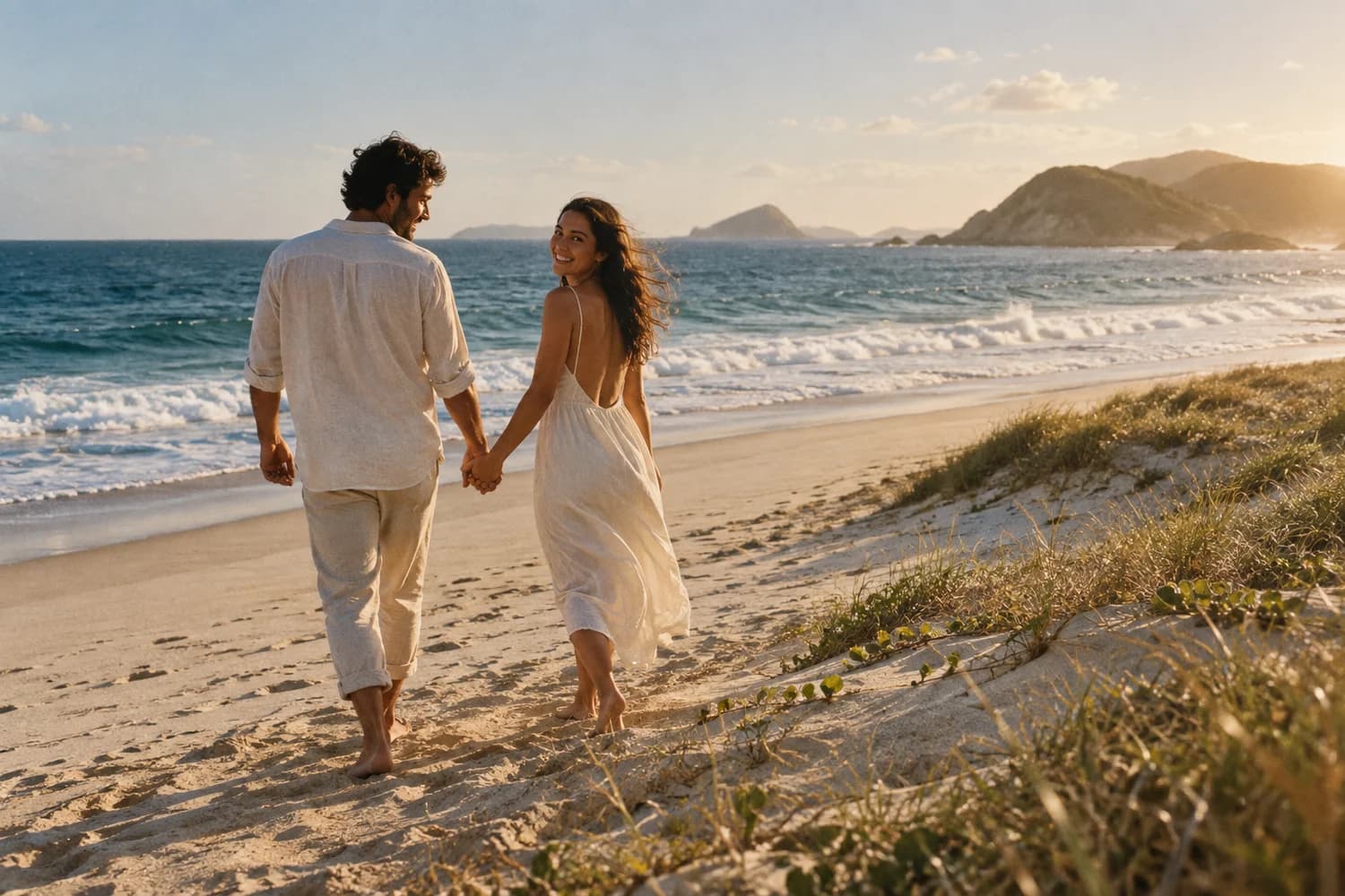 Casal caminhando de mãos dadas em uma praia ensolarada, fotografia ilustrativa