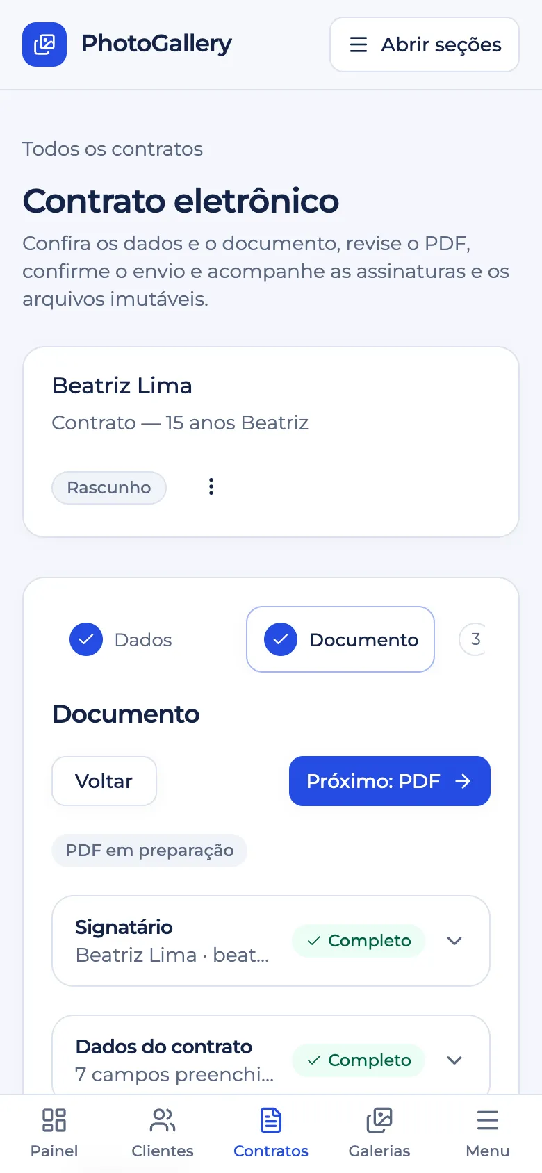 Contrato aberto no celular do fotógrafo, com o signatário e os dados completos
