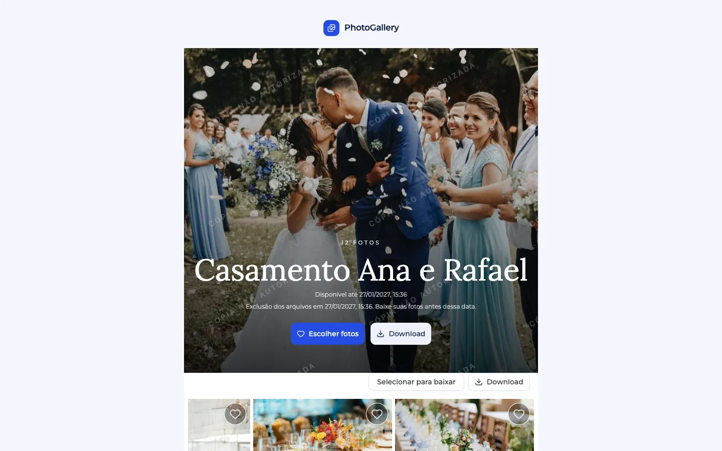 Galeria privada aberta no computador, com as fotos do casamento em grade