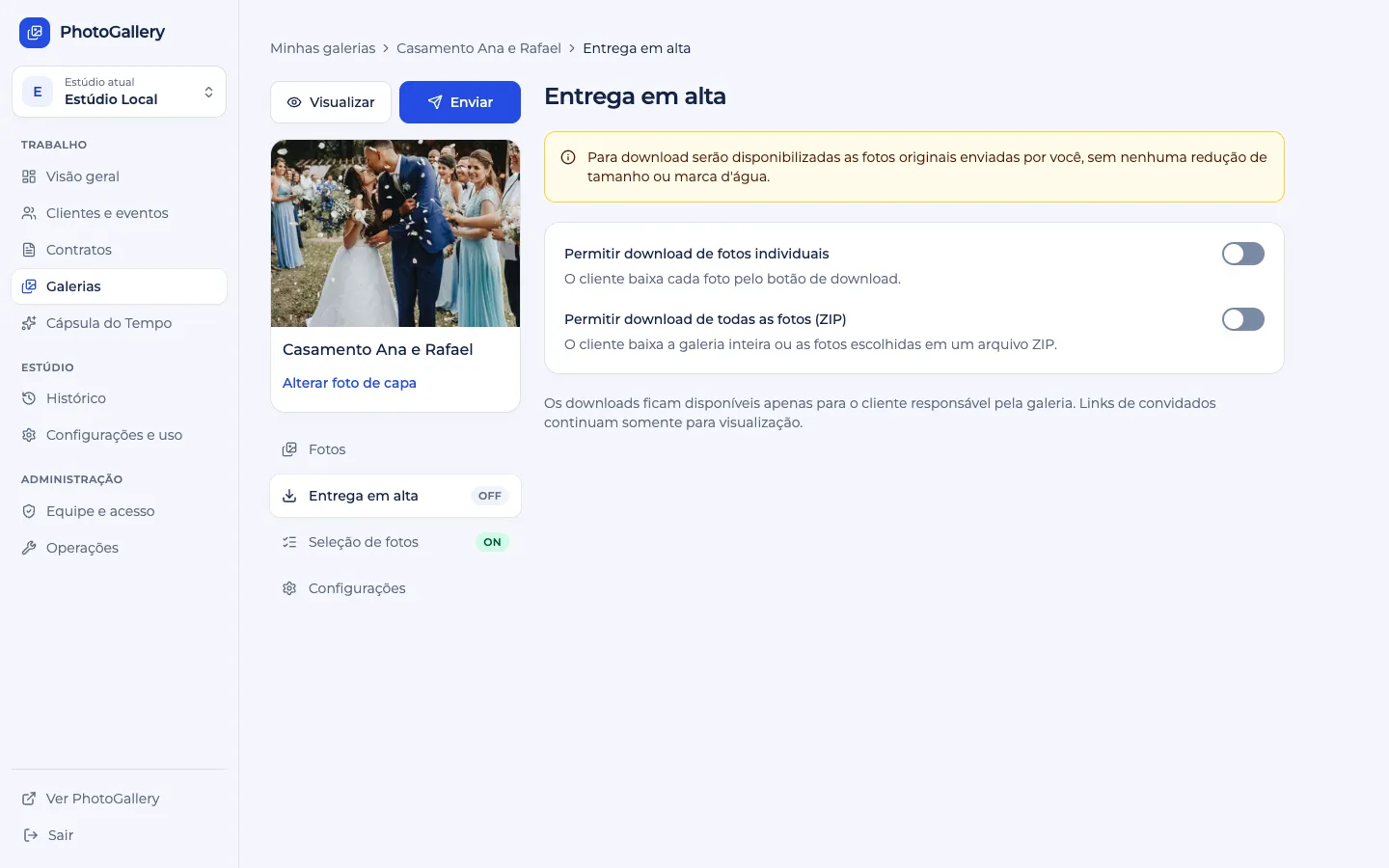Opções de entrega em alta no painel do estúdio: download individual e ZIP